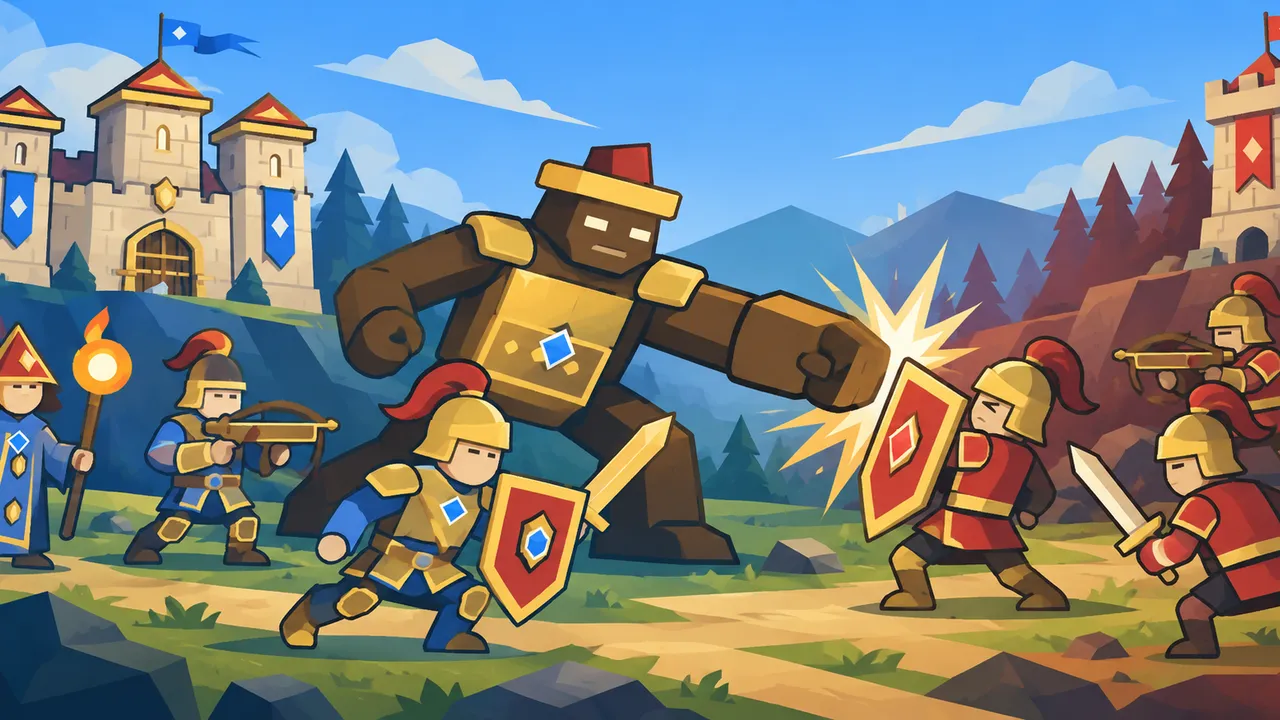 Castle Grid key art: blue and red armies clash between rival castles, with a giant at the centre of the battle.