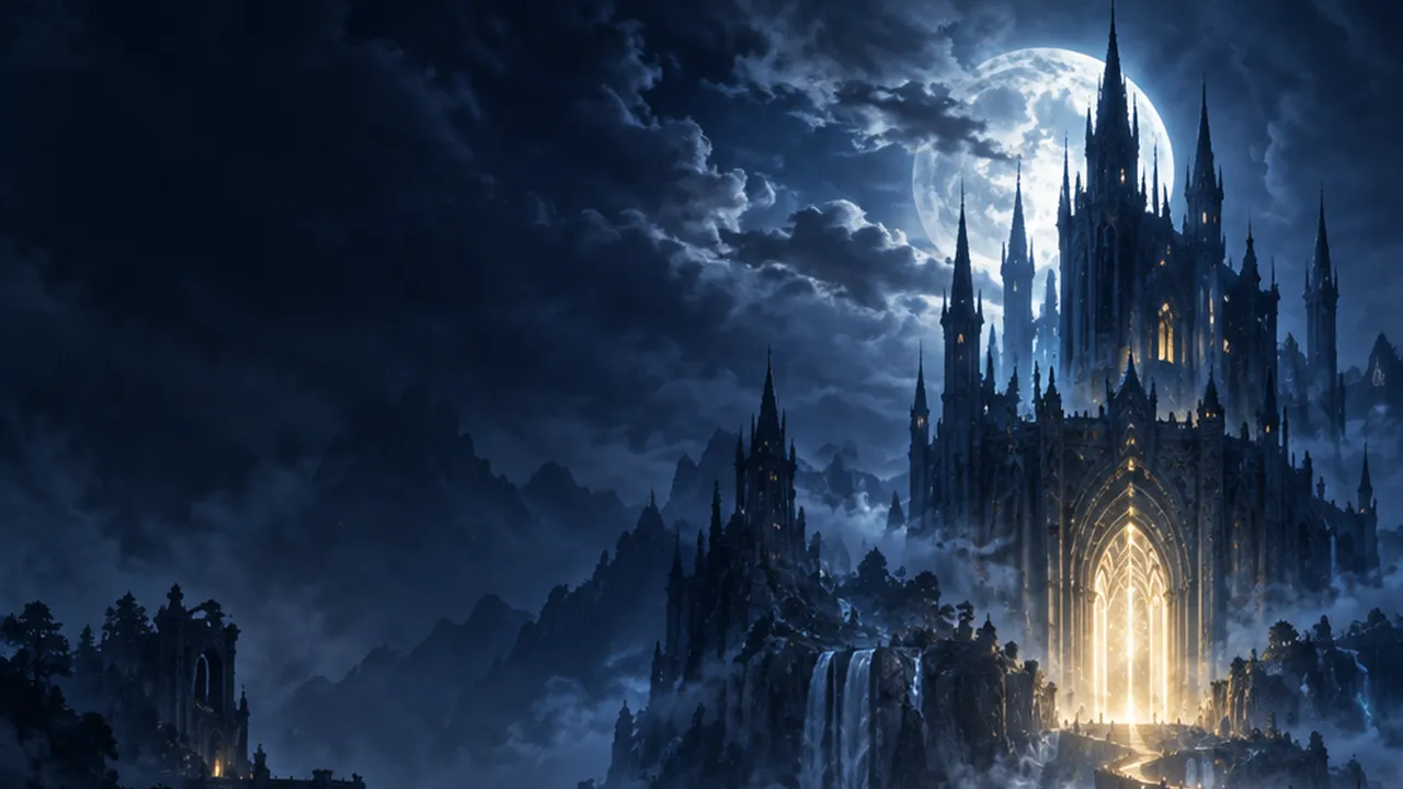 Dark Ways menu artwork: a moonlit castle above a winding illuminated stone path.