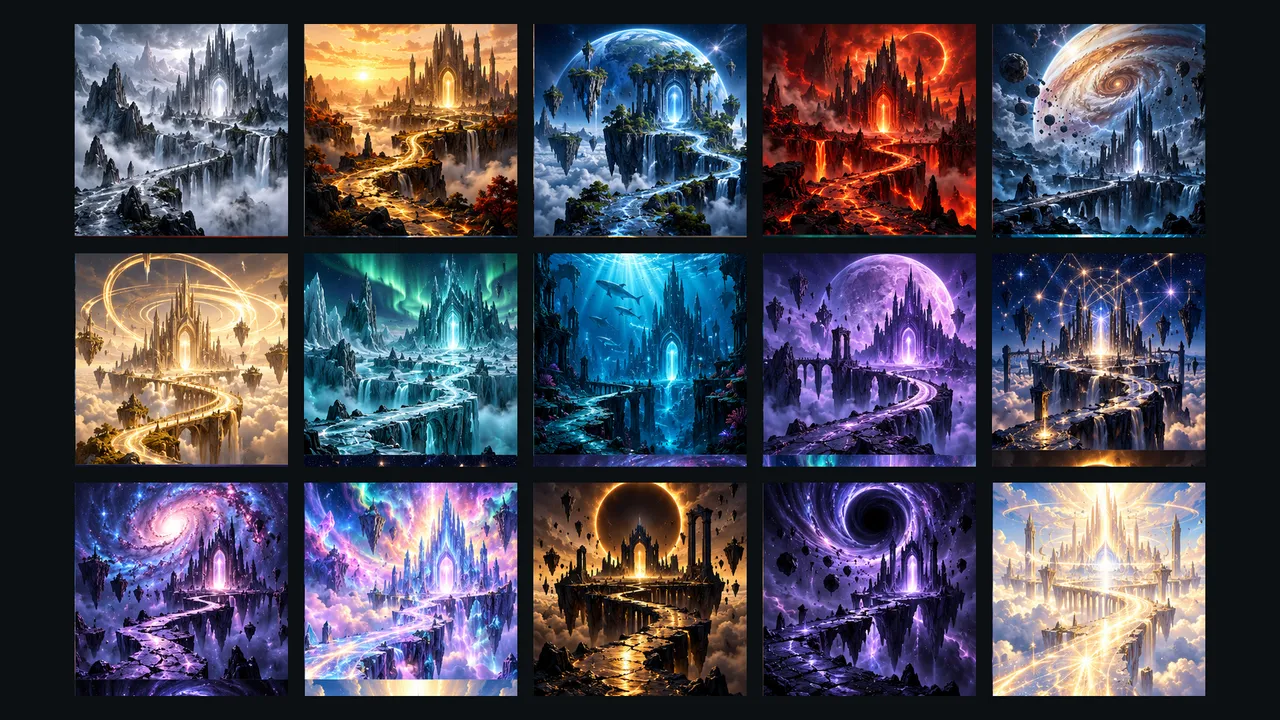 The Dark Ways world-art atlas, with fifteen distinct fantasy and celestial settings.